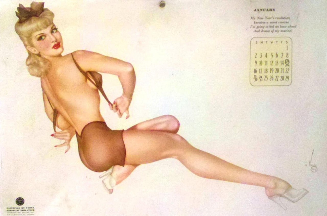 Portada ampliada de Alberto Vargas Calendarios con pin-ups Son tres calendarios, uno es de 1943, otro de 1945, y el otro quien lo podrá decir
