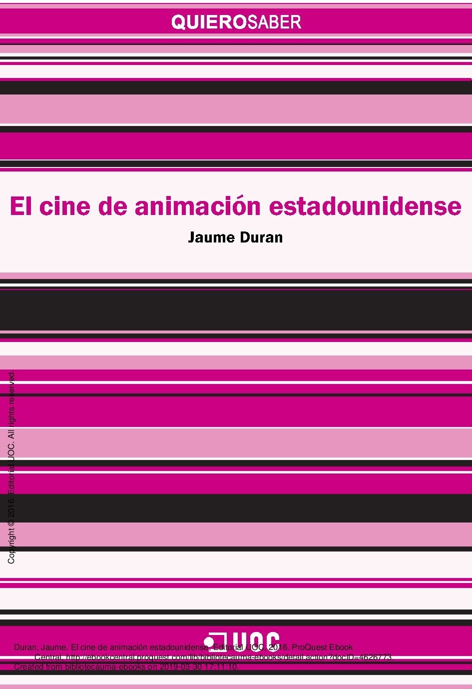 Portada ampliada de El cine de animacion estadounidense - Jaume Duran - UOC 2016