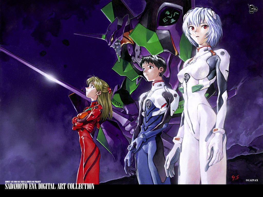 Portada ampliada de The Neon Genesis Evangelion Newtype 100% Collection (ISBN 4-04-852700-2) is a 178 page artbook in A4 format featuring stills and illustrations from the series, cast interviews/diary notes, the Neon Genesis Evangelion Proposal, and a catalog of all the episodes, many of which have been featured in the Newtype magazine, There are 100 pages are in full color (including the front and back covers) while 80 pages are black and white preproduction sketches. It originally sold in Japan for about ¥1500.