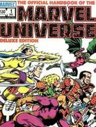 Portada ampliada de THE OFFICIAL HANDBOOK OF THE MARVEL UNIVERSE DELUXE EDITION